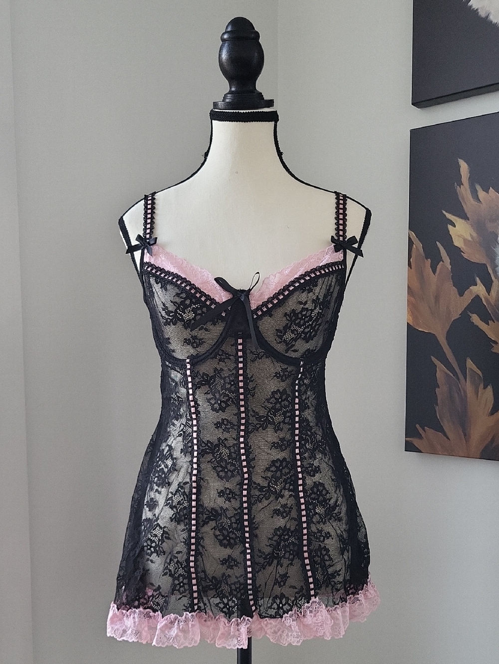 3/$30 Black Lace and Pink Trim Chemise Lingerie